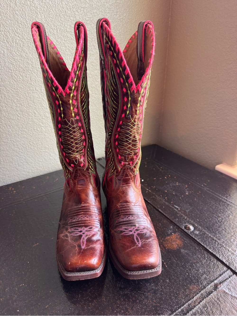 Ariat Brown Leather Western Boots with Pink Accents